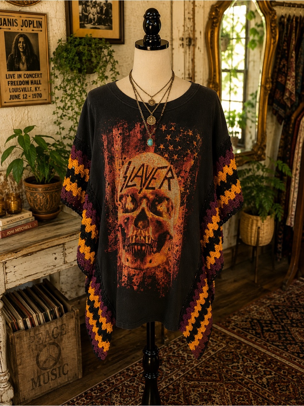 Slayer Graphic Crochet-Sleeve Tunic Top in Black and Rust